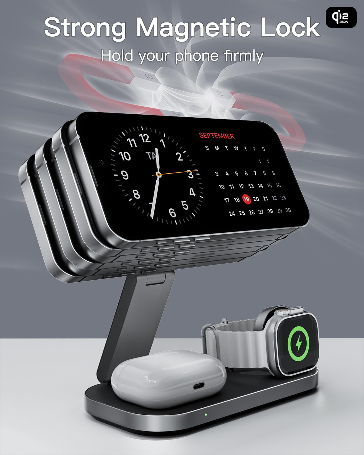3 w 1 magnetyczna ładowarka bezprzewodowa 25 W, składana stacja ładowania USB-C, kompatybilna z etui, dla Phone 17/16/15/14/13/12, zegarka Watch i słuchawek-czarny