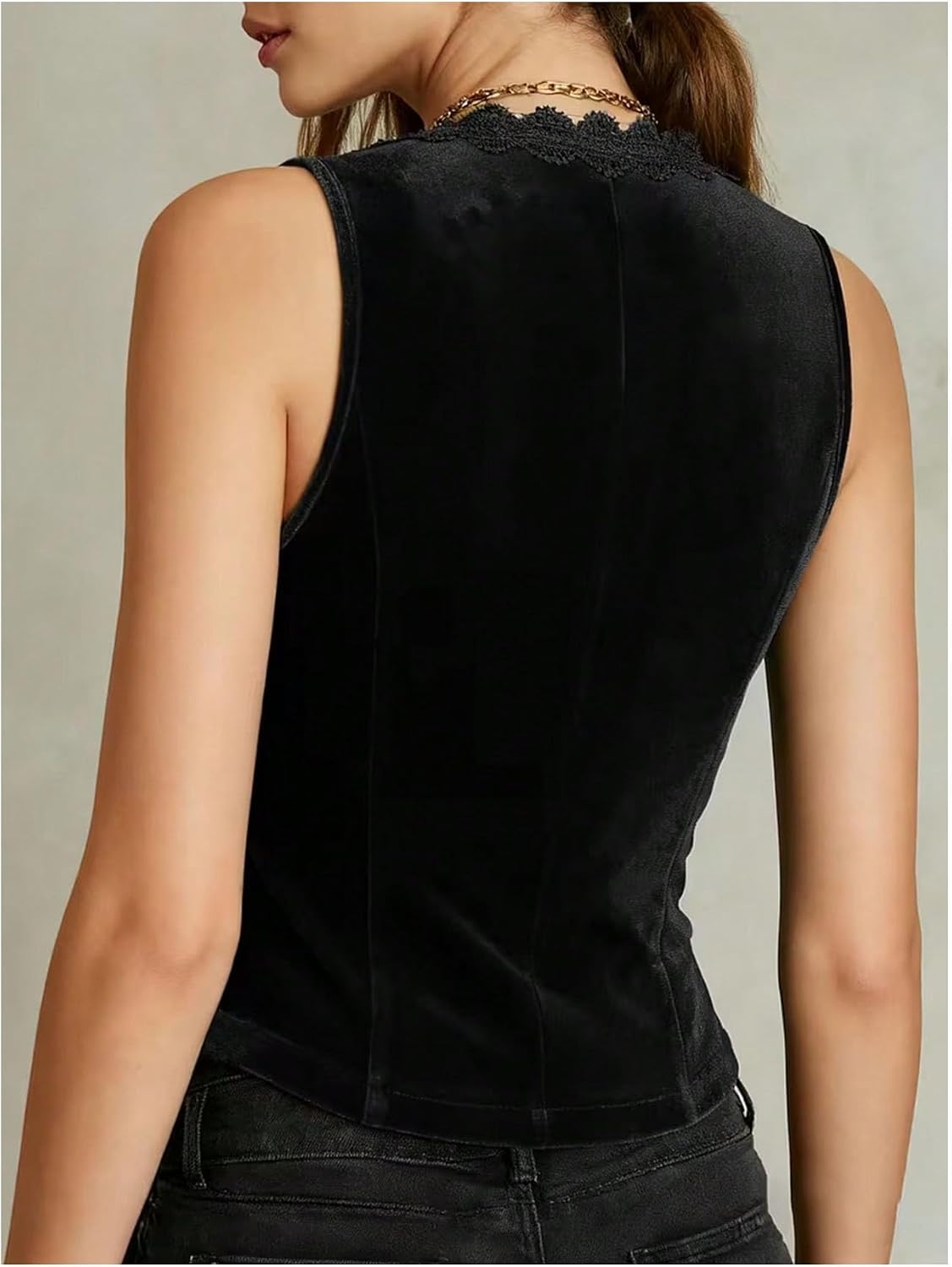 SOLY HUX Women's Lace Button Down Tank Top Sleeveless V Neck Fitted Velvet Vest Shirts