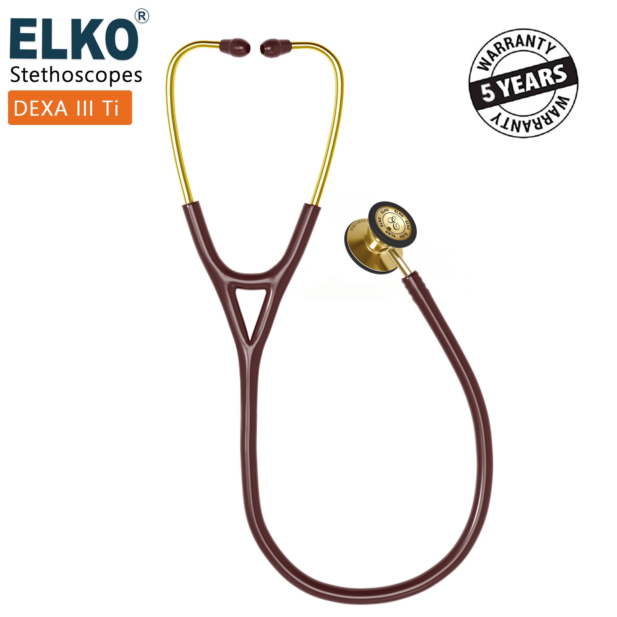 ELKO EL-250 DEXA III Ti Golden Edition Titanium dual head acoustic stethoscope | Adult & Pediatric Stethoscope with Double-sided Natural Titanium Chestpiece | Two-Way PVC Tubing | Doctors & Medical Students (Brown) - Image 7 thumbnail