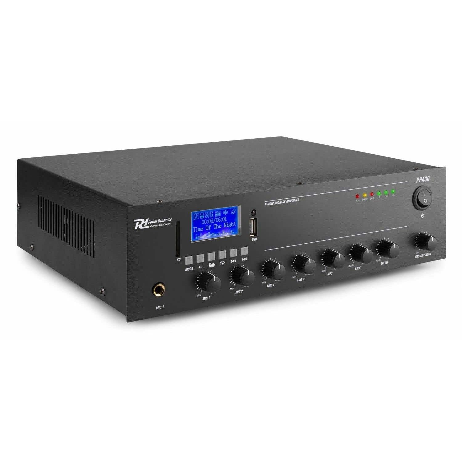 Front panel of the Power Dynamics PPA30 amplifier showing controls and inputs.