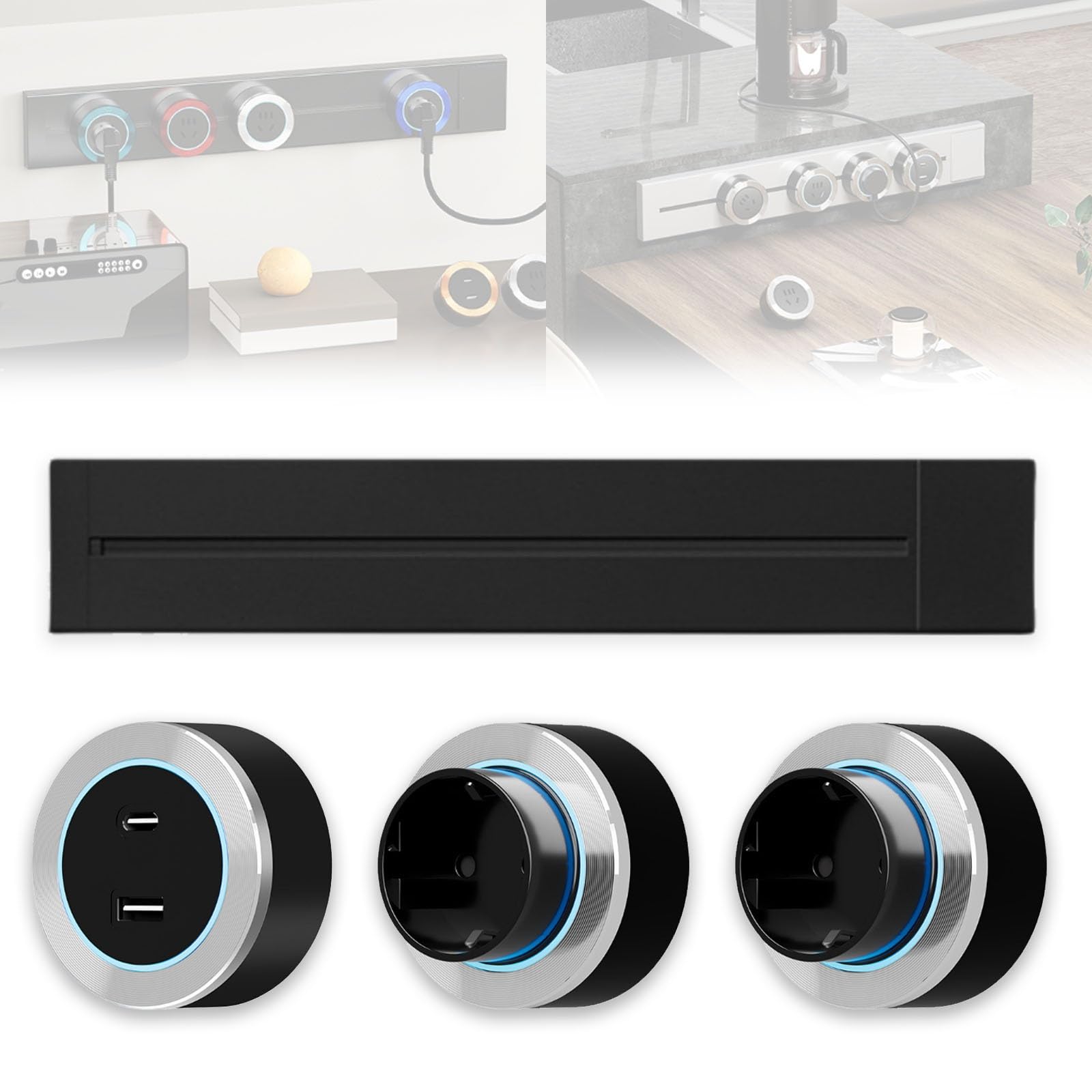 Toma de Corriente con Interruptor, 8000 W Regleta CE Enchufes, Adaptadores Múltiples Extraíbles y Desmontables Móviles Regleta de Pared Moderna para Cocina Oficina y Sala De Estar(Black-Silver,40cm)