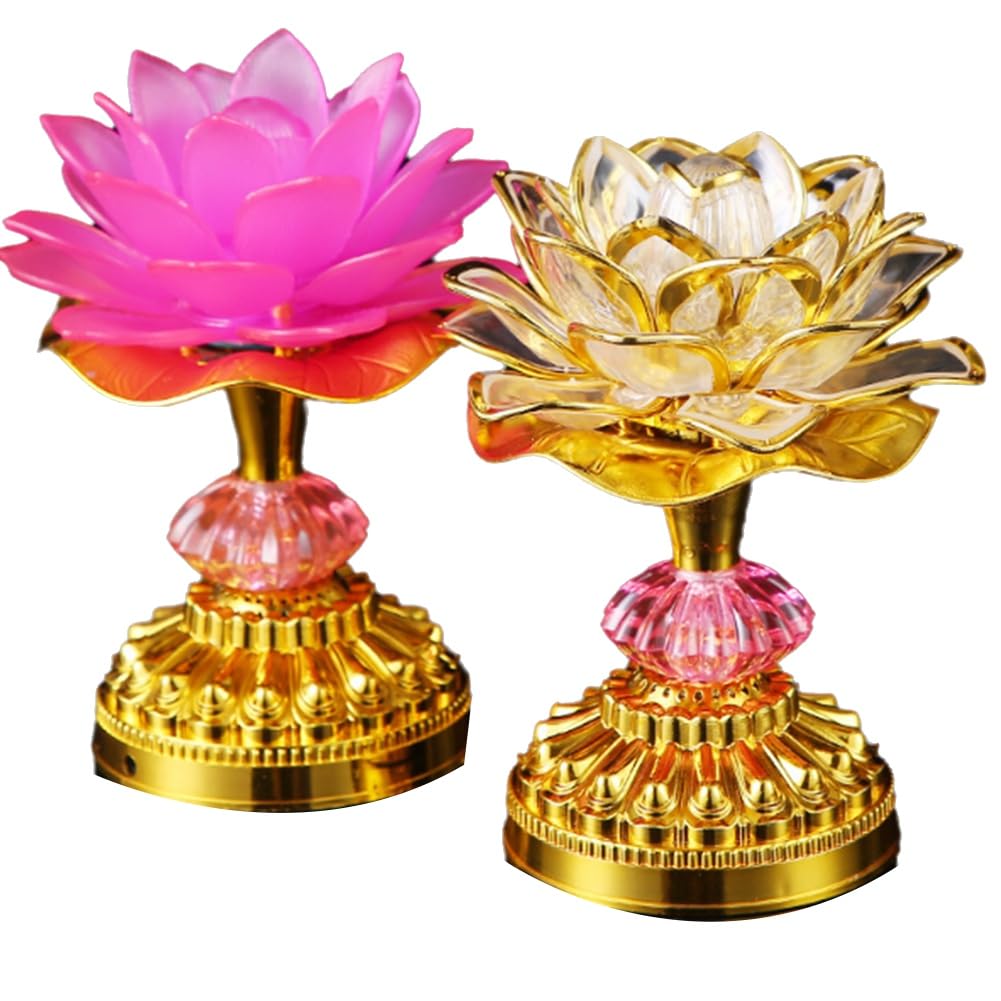 Wuden 2Pcs LED Lotus Buddhist Lights Buddha Lotus Lamps Plug in or Battery-Operated Buddhist Lamp US Plug Pink 53 Songs