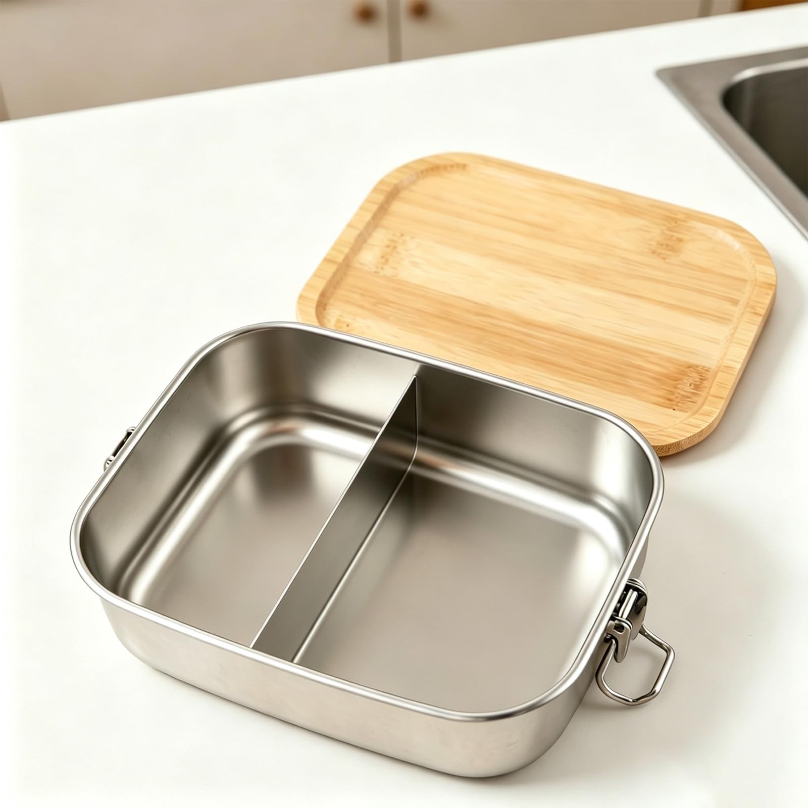 Boîte à Déjeuner en Acier Inoxydable 304 2 Compartiments 1200ml | Bento en Acier Inoxydable 304 avec Couvercle en Bambou, Anti-Fuite Lavable au Lave-Vaisselle pour École, Bureau et Sorties
