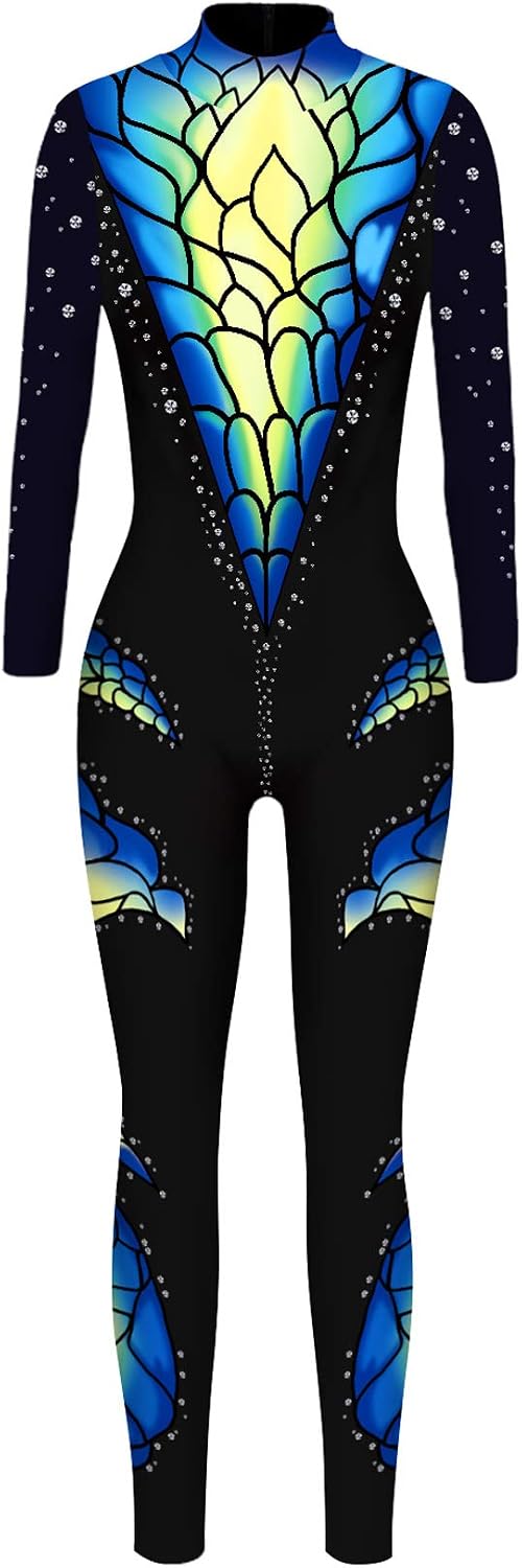 Women Halloween Skeleton Costume Stretch Skinny Catsuit Jumpsuit Bodysuit