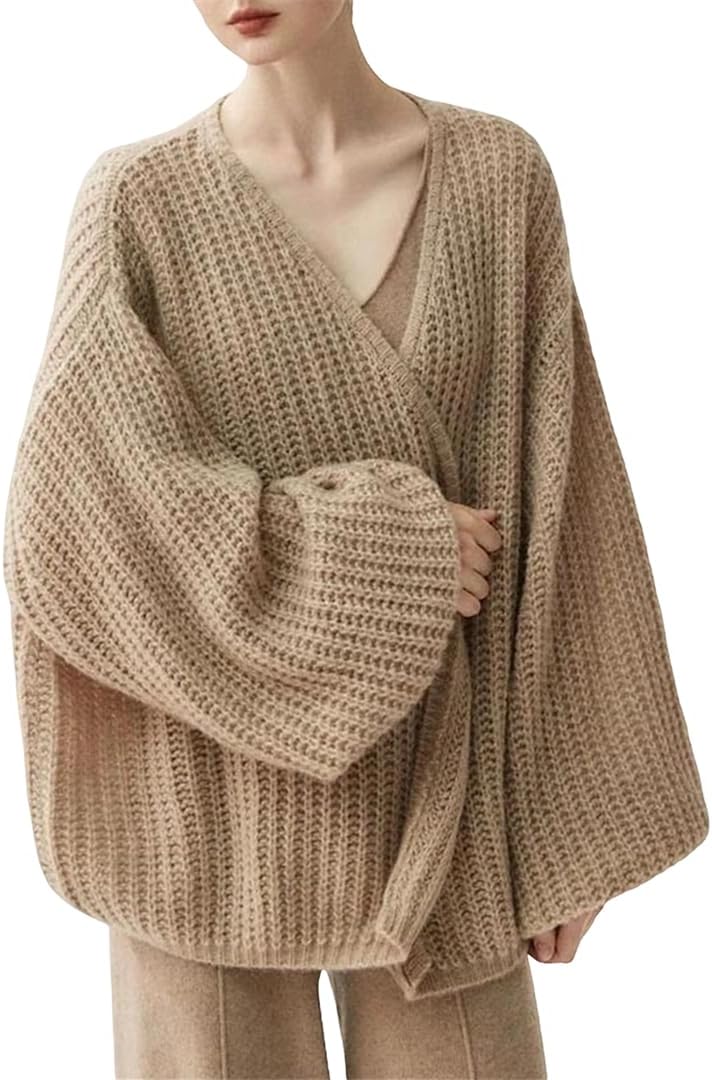 Women's Knitted Top 100% Cashmere Hollow Out Open Front Cardigan Coat Luxury Design with Lantern Sleeves Loose Fit Knitwear