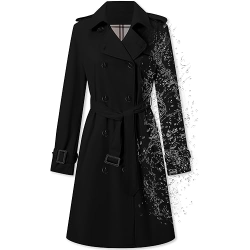 Betusline Women's Double Breasted Waterproof Trench Coat Classic Lapel Overcoat with Belt