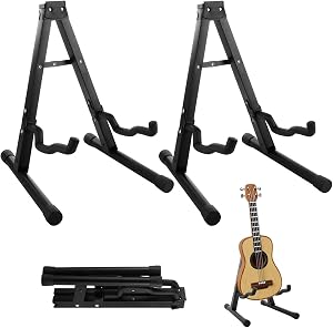 Acrux7 2 Pack Guitar Stand Metal Floor Guitar Stands Foldable Folding A Frame Guitars Stands Universal Fits Any Guitars, Acoustic, Classical, Bass (Black)