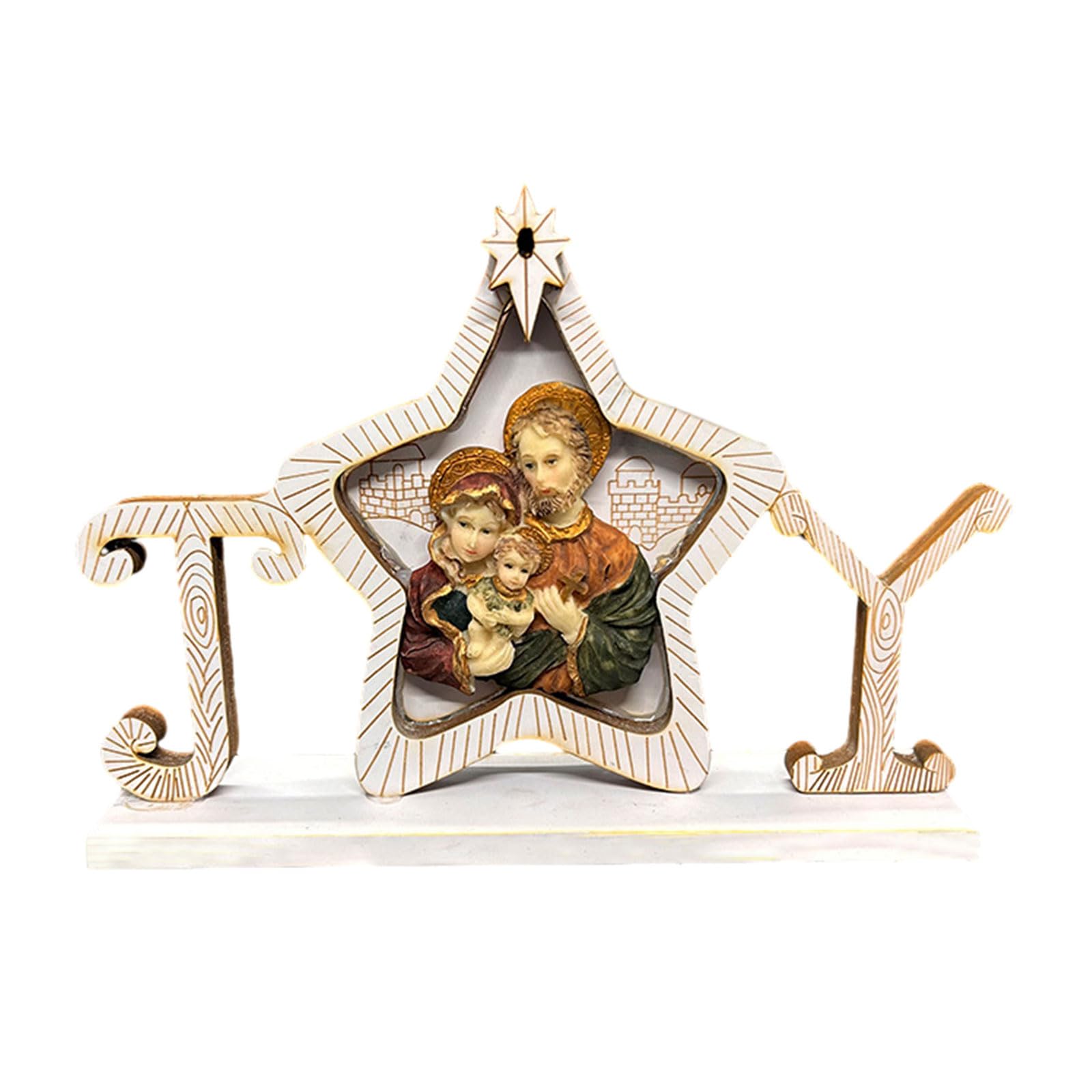 Elnwnnkc Holy Family Table Decor JesusChrist Statue Wood Carving Ornament with LED Light Up Religious Decoration Friend Festive Celebration Ornament