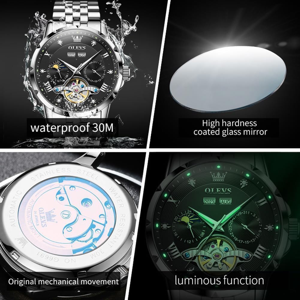 OLEVS Men Automatic Watch Skeleton Mechanical Classic Luxury Business Diamond Stainless Steel Waterproof Luminous Date Calendar Wrist Watches for Men