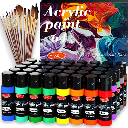 Acrylic Paint Set Of 64 Colors 2Fl Oz 60Ml Bottles With 12 Brushes,Non Toxic 64 Colors Acrylic Paint No Fading Rich Pigment For Kids Adults Artists Canvas Crafts Wood Painting #TOP5