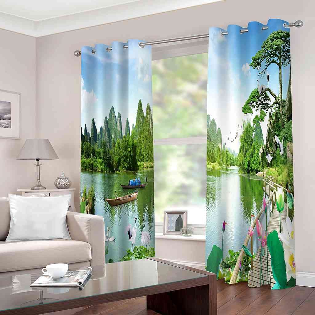 Modernas Cortinas Dormitorio Juvenil Impresión 3D Paisaje De Lago Verde 300x280cm Ojales Cortinas Opacas 2 Piezas para Dormitorio Habitación De Los Niños Cortina Decoración del Salón