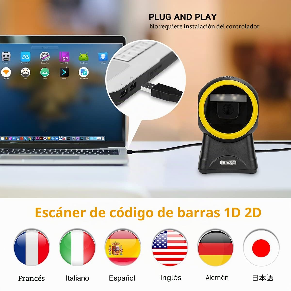 NetumScan Escáner de Código de Barras Omnidireccional USB Manos Libres 2D para Pago Móvil Pantalla de Computadora Soporte de Escaneo QR, PDF417, Código Securpharm (Matriz de Datos) NS2055L