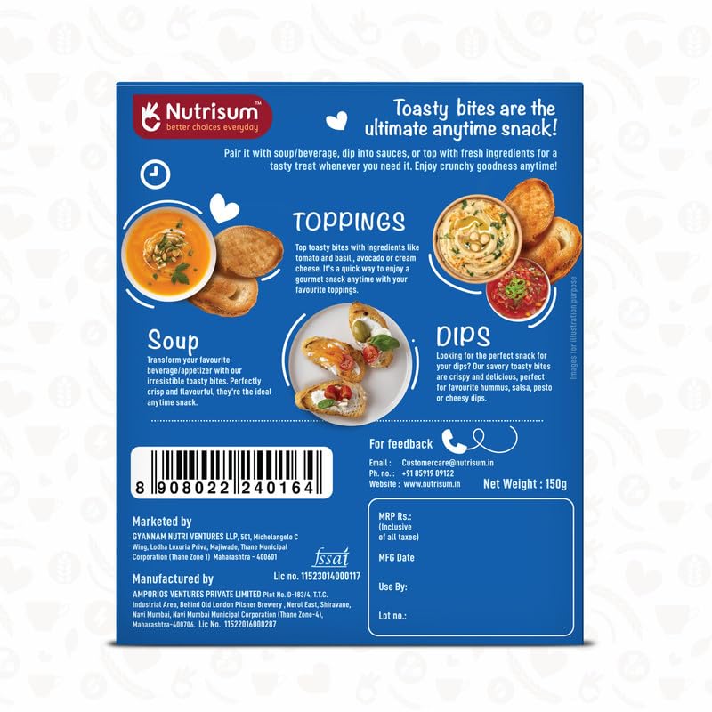 Image of Nutrisum Whole Wheat butter Garlic Rusk /Toast | Toasty Bites | No Maida , Sugar-Free| Made with Real Butter & Olive Oil | Anytime Healthy Rusks for Dips & Toppings Snacks | Digestive Garlic Toast (150gms x Pack of 4)