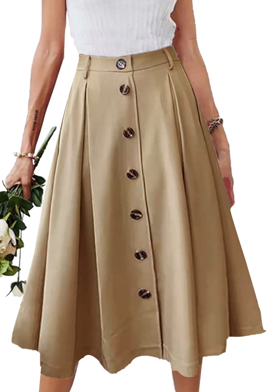 HERBATOMIA Pleated A-line Midi Skirt Elastic Waist Button Front Casual Flared Long Skirts with Pocket for Women