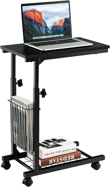 COSTWAY C-Shaped Sofa Side Table, Height Adjustable Mobile Laptop Desk Coffee End Table with Storage Basket, Shelf and Wheels, Snack Overbed Table for Living Room Bedroom Balcony (Black)