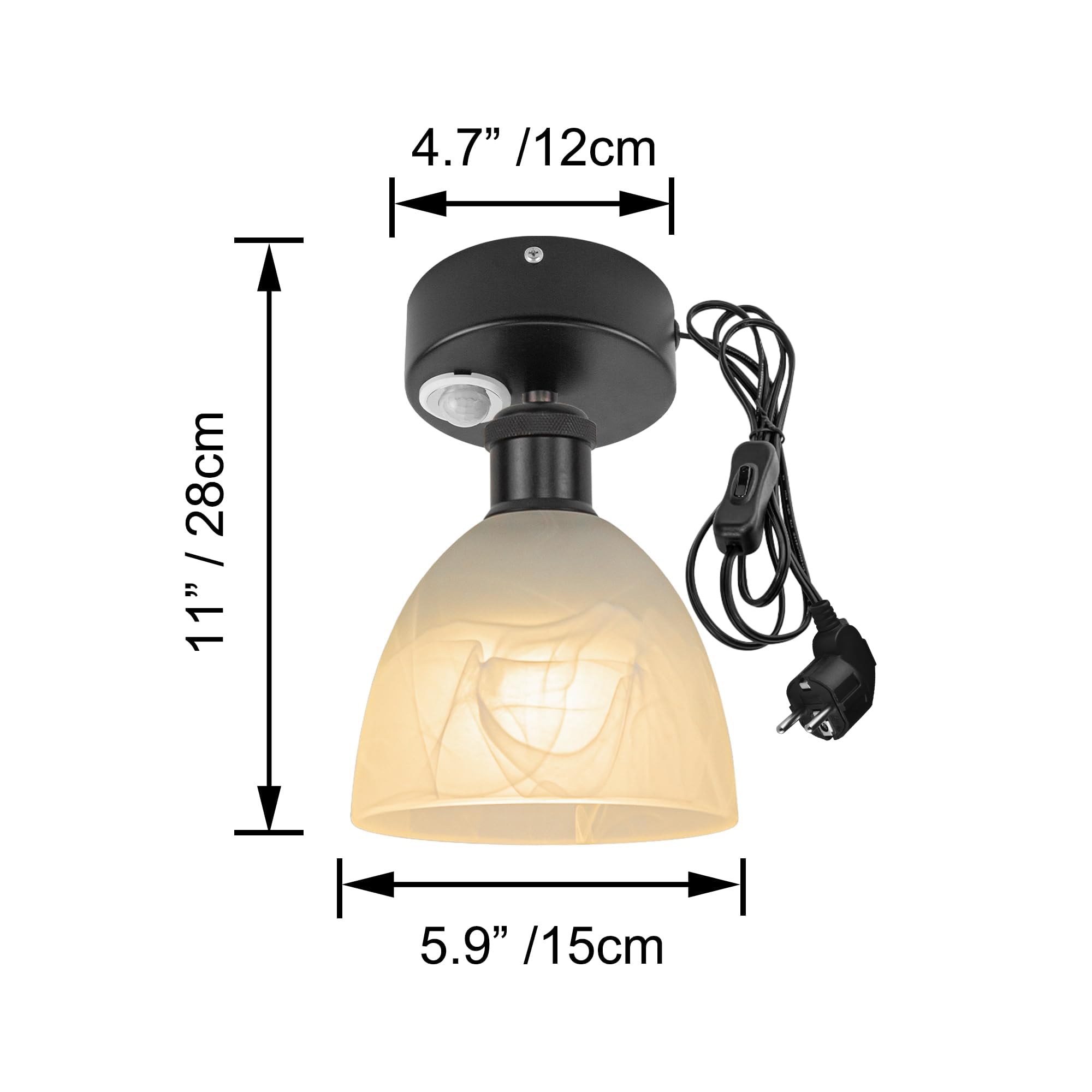 Plafoniera con sensore di movimento interno, moderna lampada da soffitto in vetro smerigliato, sensore di movimento radar con cavo da 4,5 m e portalampada E27, per corridoio, bagno, scale,