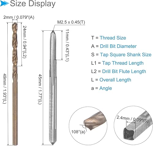 Miniatura 2 de Juego de brocas y roscas, rosca de rosca M2.5 x 0.45 de 0.079 in de diámetro de taladro, kit de herramientas métricas de rosca y broca giratoria,