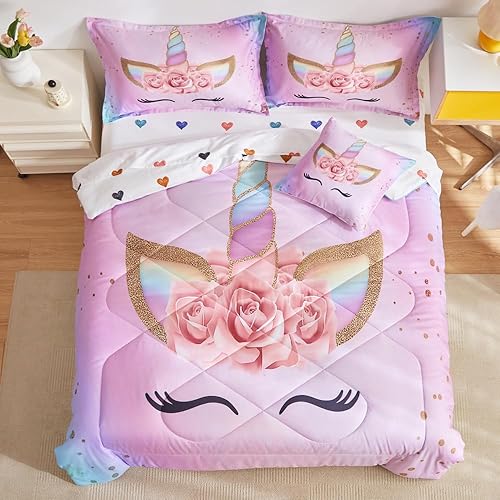 ADASMILE A & S Juego de edredón de unicornio tamaño matrimonial para niñas, juego de ropa de cama de unicornio floral rosa de 6 piezas con coloridas