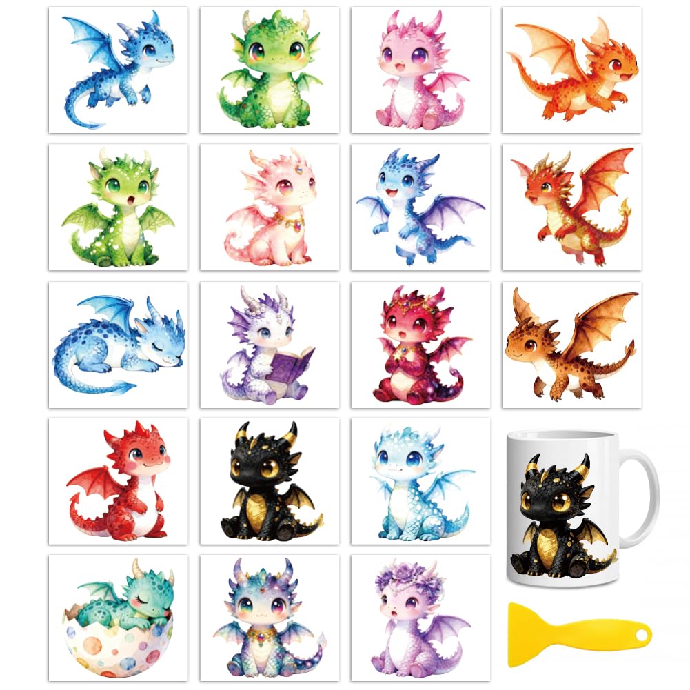Peacoblue 18 Sheets Rub On Transfers for Crafts, Cartoon Baby Dragon 3.6"x3.9" UV DTF Cup Wrap Waterproof Cold Transfers Stickers for Wood Glass Cup Tumblers Mirrors Mugs Home Decor — image 1