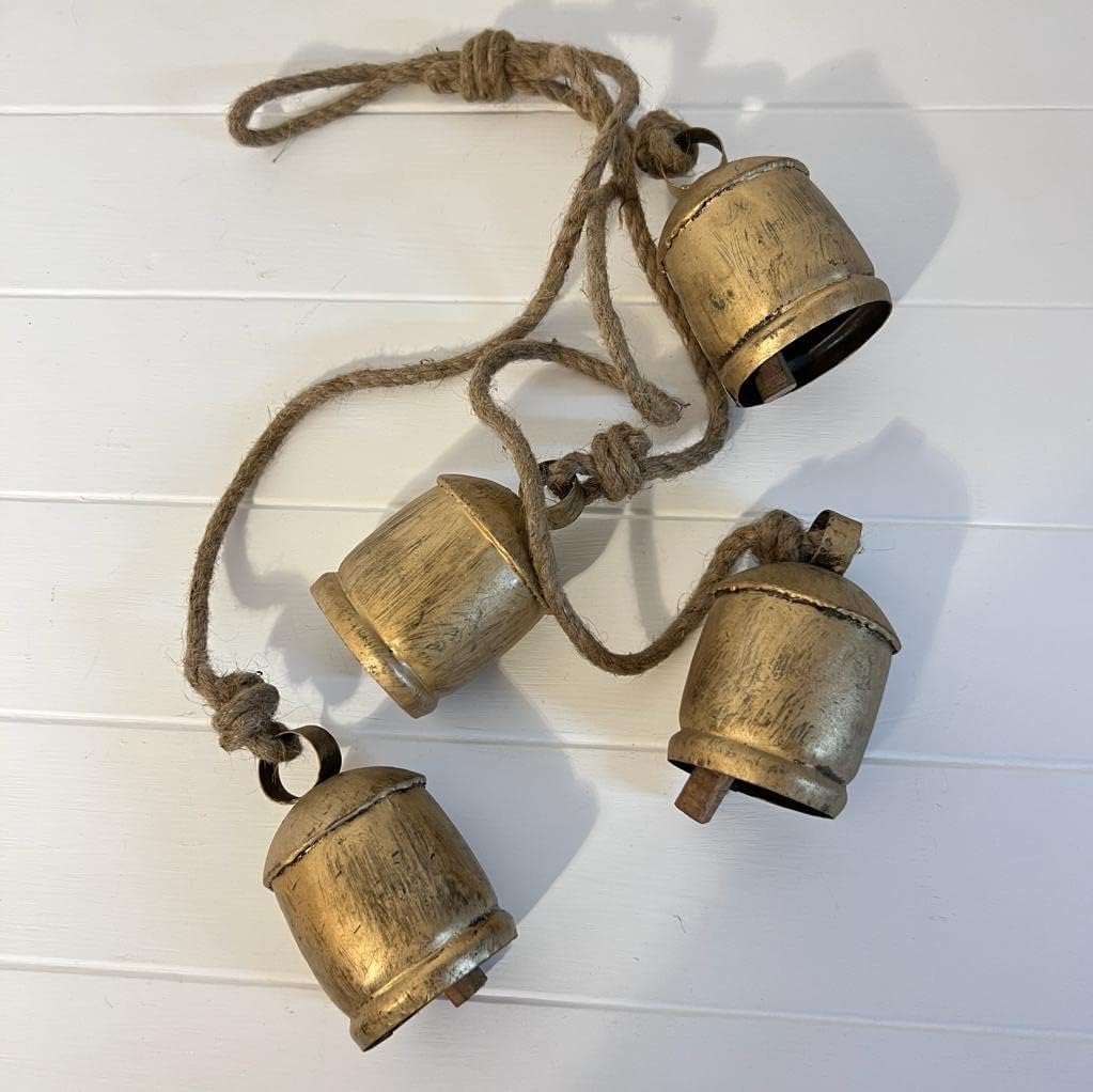 4 LARGE COW BELLS Distressed Gold hanging on a Rustic Rope | Cow Bells | Bells | Ornamental Bells | Decorative Bells | Rustic Bells | Christmas Bells | Decorations | Home decor