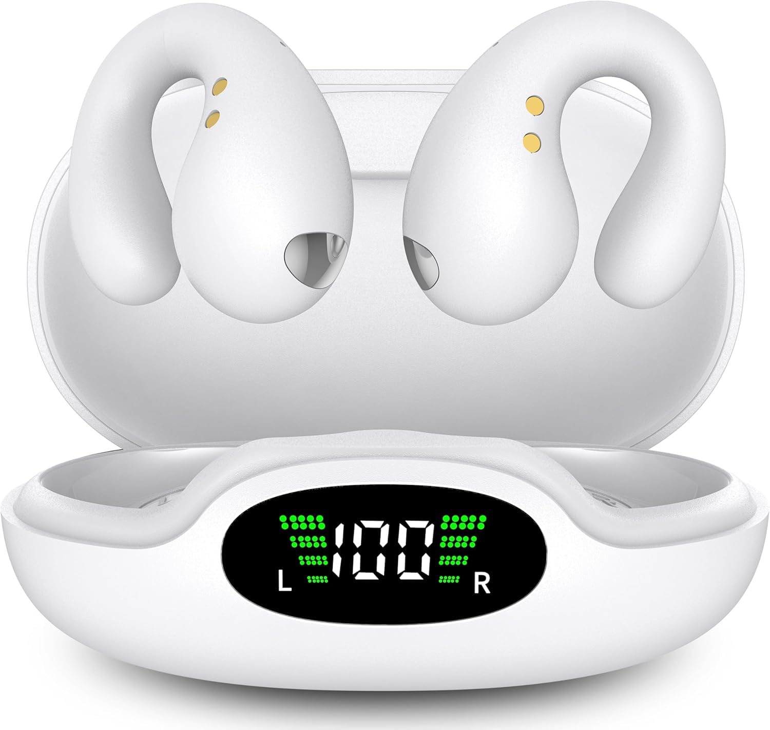 Boytond Wireless Auricolari - 2025 Bluetooth 5.3 Cuffie a Clip Orecchio Suono Stereo HiFi con Microfono ENC per Gli Amanti Degli Sport All'aperto, 50 Ore Display LED Custodia auricolare, IP7, Bianco