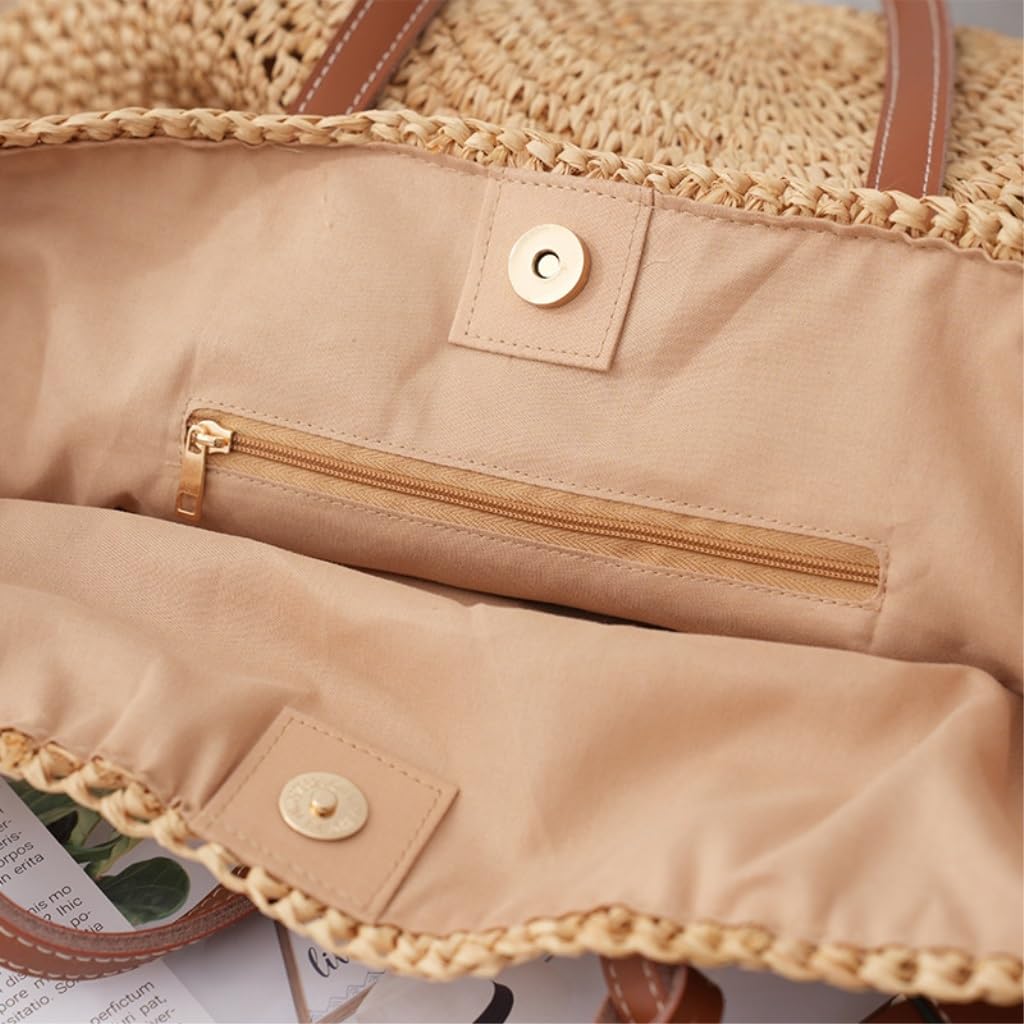 Geflochtene Tragetasche,Handtasche Gewebte Einkaufstasche aus Stroh, Schultertaschen, Sommer-Raffia-Rindsleder-Nähte, gewebte Tasche, Ledergriff, Umhängetasche, Messenger-Handtasche, Strohtaschen