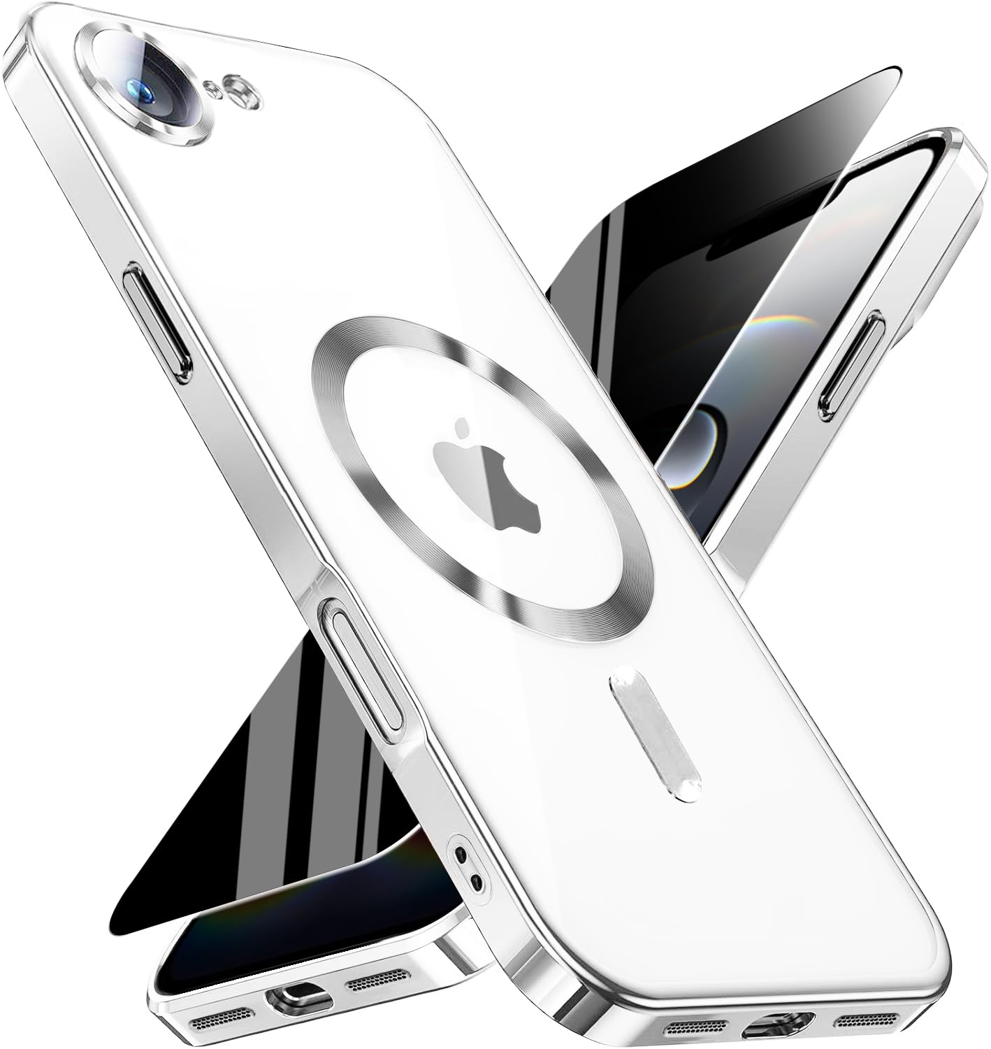 Magnetic for iPhone 17e/16e Case with Privacy Screen Protector &amp; Full Camera Cover,[Non-Yellowing] Plating Glossy Soft Shockproof Clear Phone Case with MagSafe Women Girls for iphone 16 e/ 17 e,Silver