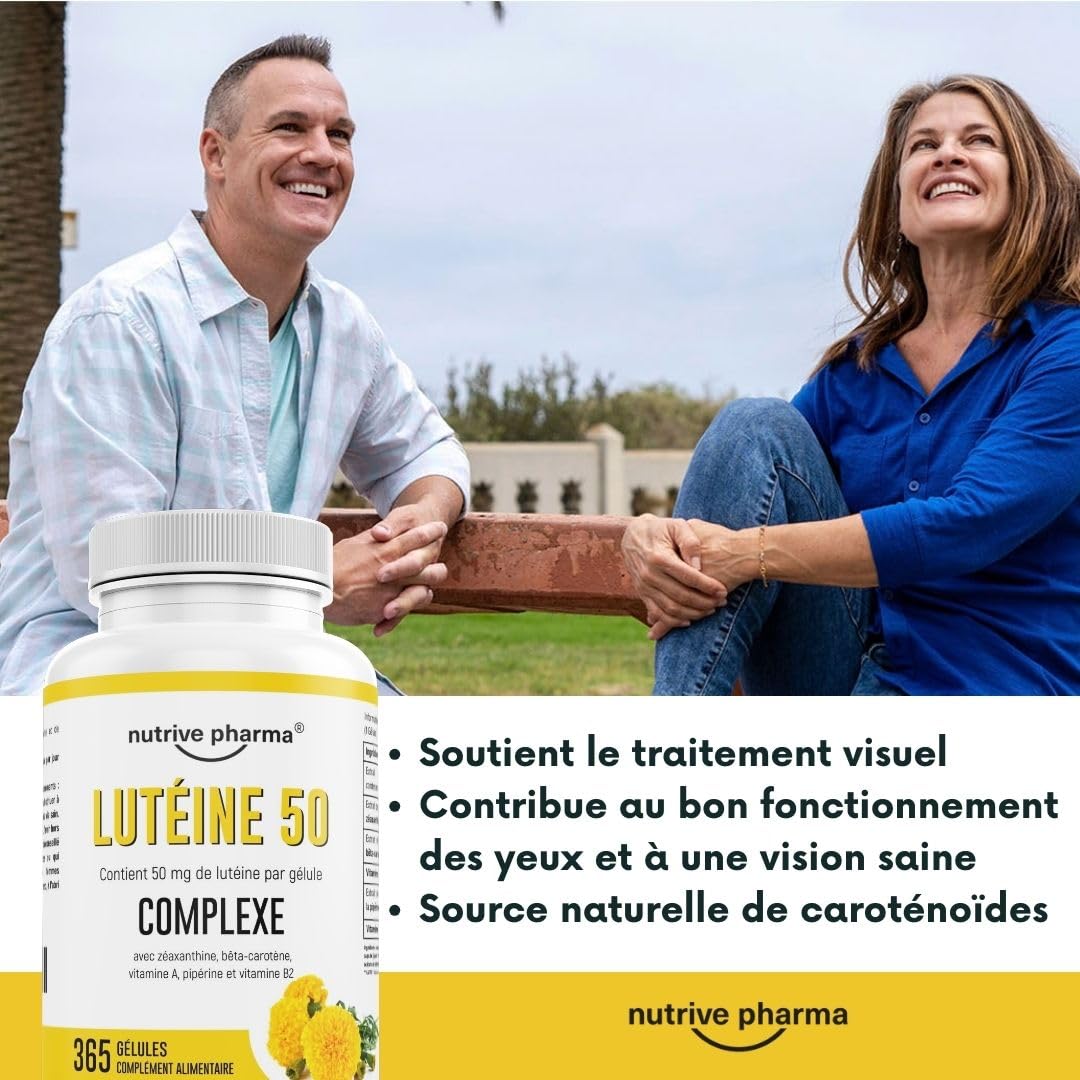 Lutéine 50 mg avec zéaxanthine, bêta-carotène, vitamines A & B2, pipérine | 365 gélules | Santé des yeux & protection contre la lumière bleue | Sans OGM & sans gluten | par nutrive pharma