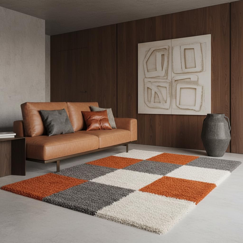 Hochflor-Teppich Wohnzimmer kariert Terrakotta 160x230 cm | Oberseite 100 % Polypropylen, 30 mm Florhöhe, ca. 2.000 g/m², 48.500 Punkte/m², gekettelte Kanten, OEKO-TEX Standard 100