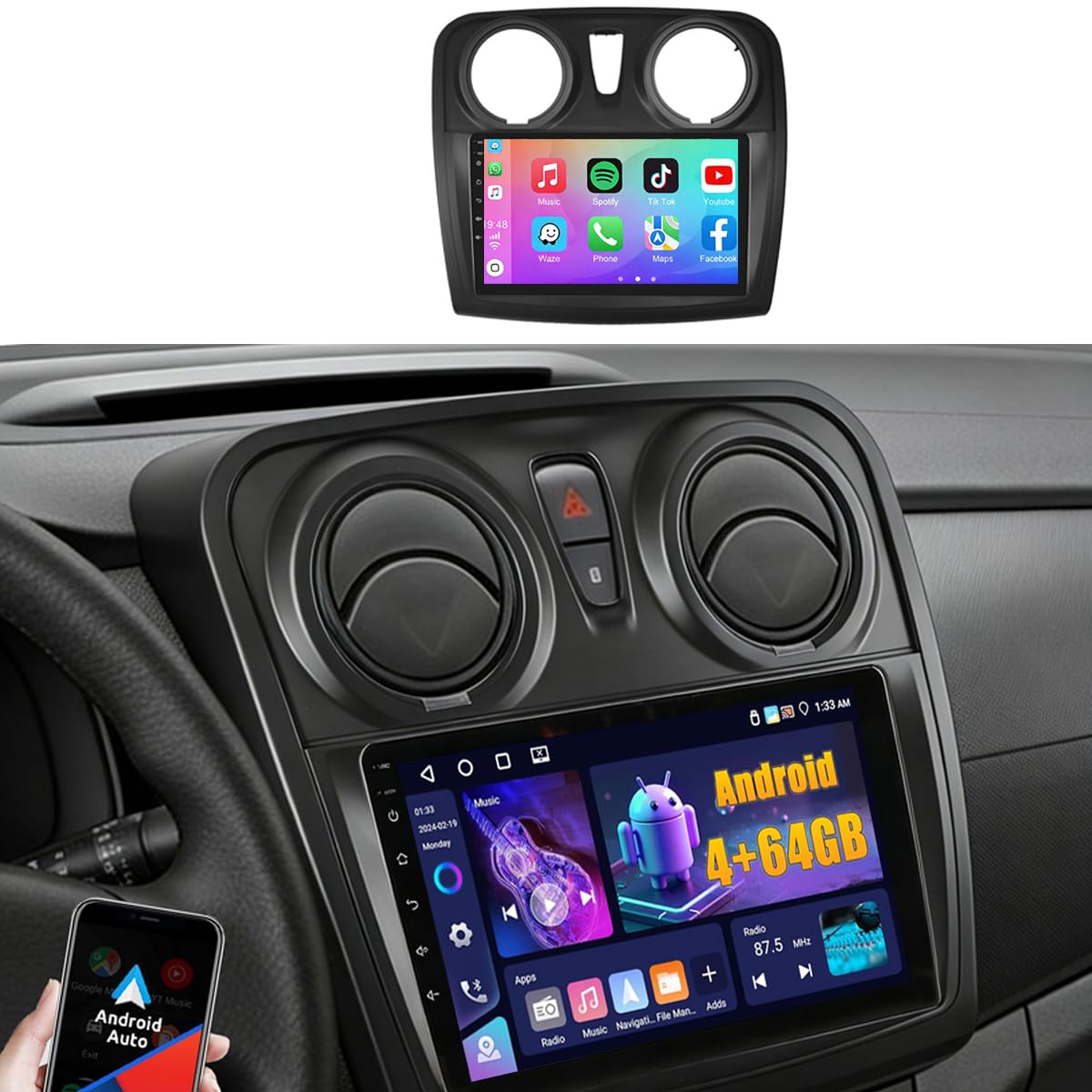 4+64GB 9" Pantalla Radio para Renault Dacia SANDERO II B52 2012-2019 | Wireless Carplay Android Auto, 9" IPS Touch Screen Android Radio Coche con Bluetooth 5.0/GPS/Cámara de Marcha Atrás/FM/WiFi
