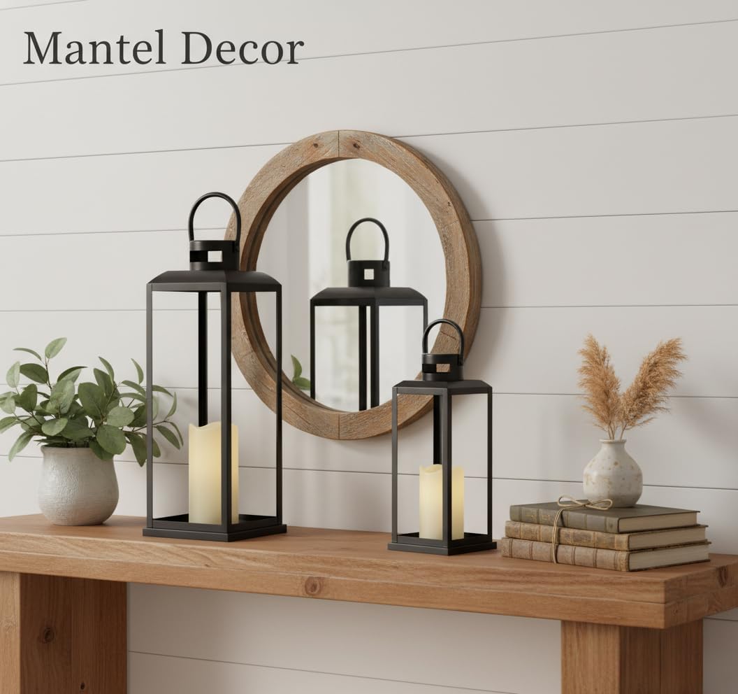 Black Lanterns Decorative Outdoor & Indoor with Flameless Candle Set of 2, 17" & 13" Modern Farmhouse Candle Lanterns Decor, Front Porch Decor, Gifts for Housewaming,