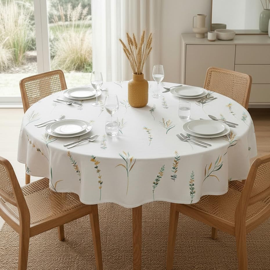 Image of HOMEMONDE 100% Cotton Premium Dining Round Table Cover, 45 x 45 Inches Floral Printed Table Cloth 4 Seater, Round Table Cover - (114 x 114 CM, Leafscape - Yellow & Green)