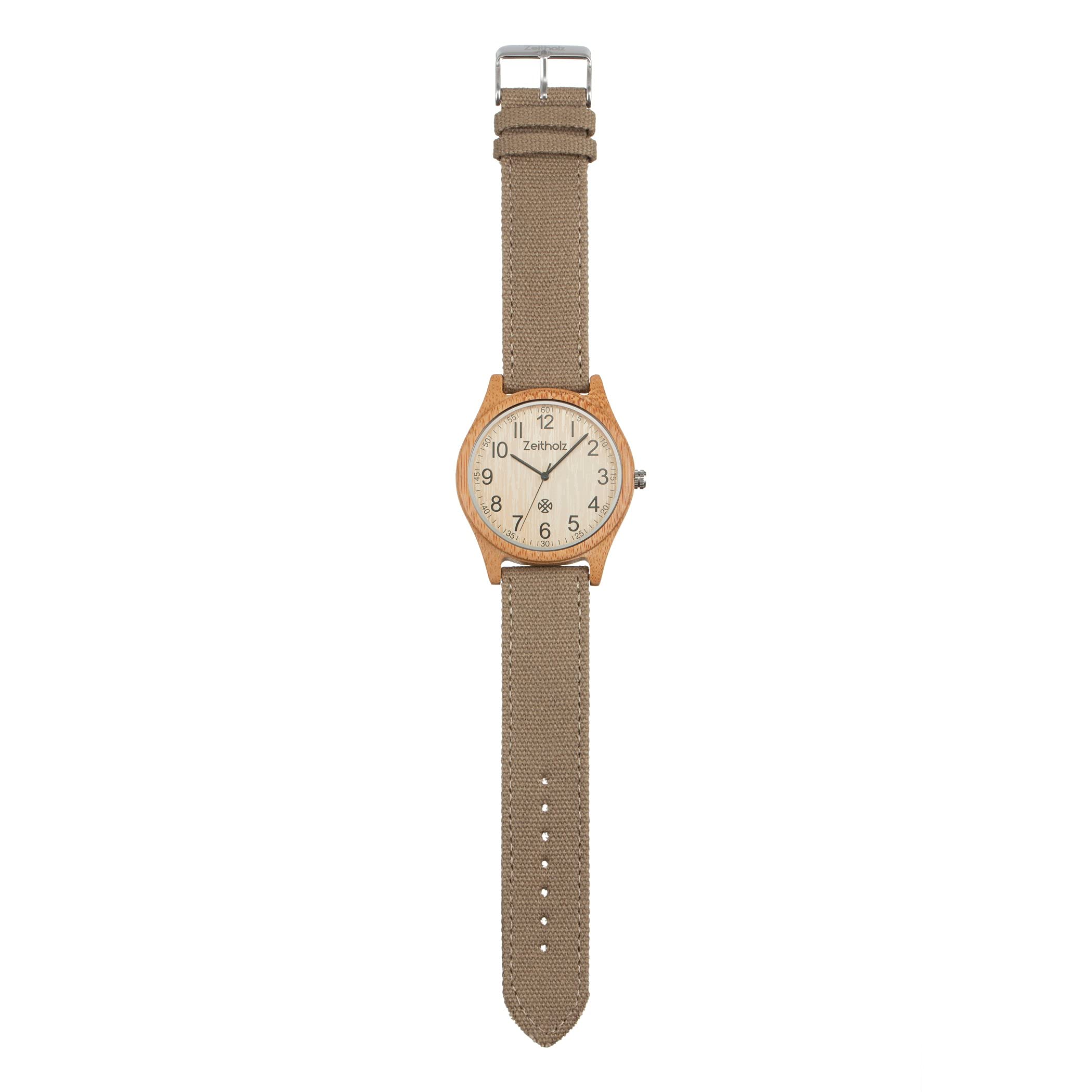 Altenberg - Orologio in bambù con quadrante marrone, prodotto naturale, ipoallergenico, fatto a mano, cinturino grigio di tela