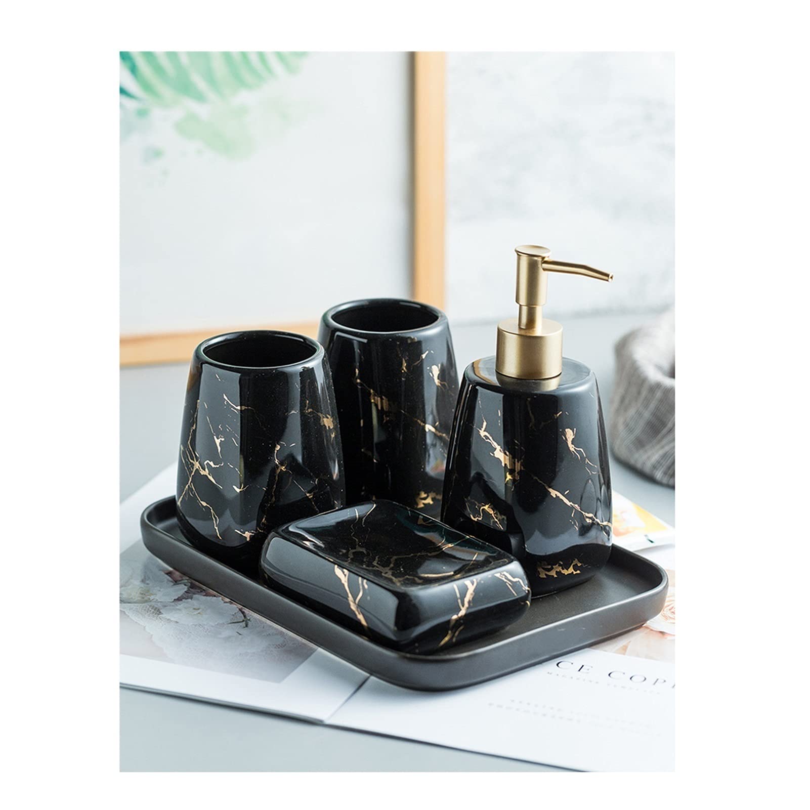 HDBCYUAZ Soap Dispenser Ceramic Marble Pattern 5-piece Soap Dispenser Household Bathroom Mouthwash Cup/soap Dish/tray/lotion Bottle Bathroom Toiletries Set Dispenser for Hand Soap(Zwart)