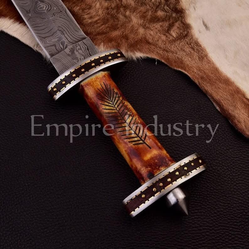 30 Inch Customized Handmade Damascus Steel Double Edge Viking Sword with Leather Sheath, Camel Bone Grip, Sharp Edges Sword, Combat Sword by Empire Industry