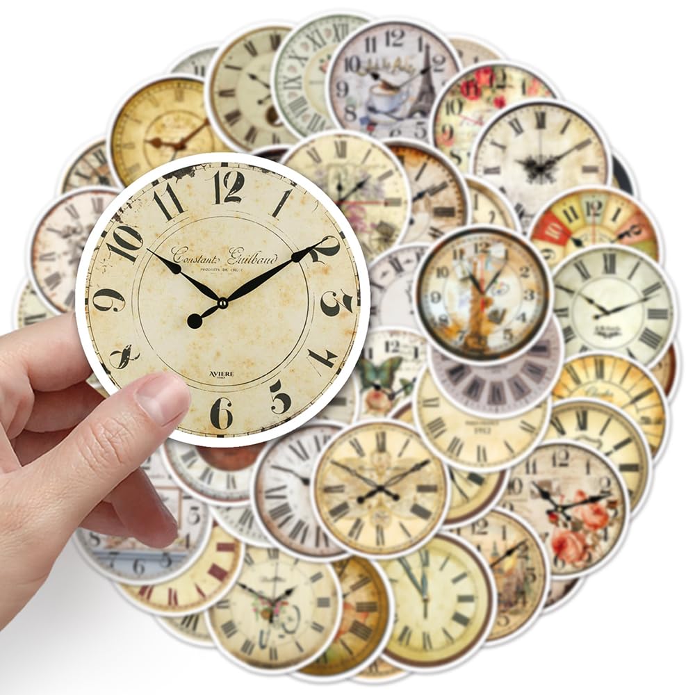 Vintage Clock Vinyl Stickers, 50 PCS Waterproof Illustrated Icon Decals for Laptops Scrapbooking, Journals, Notebooks - Image 4
