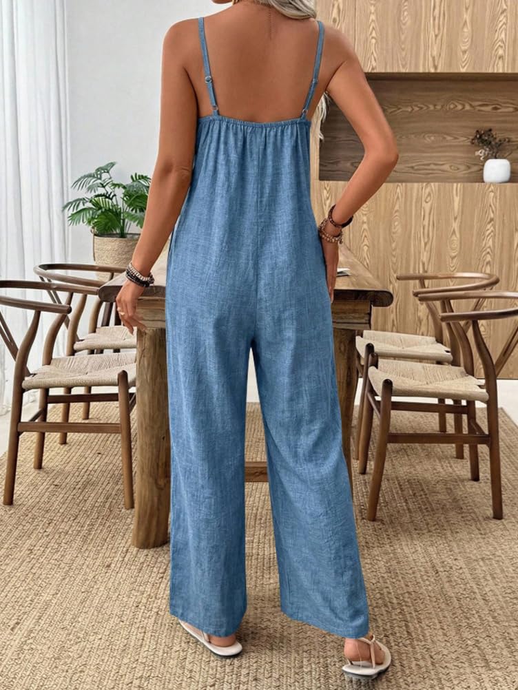 ORANDESIGNE Salopette Donna Lunga Estive Casual Elegante Boho Salopette Gamba Larga Leggera Tuta Spiaggia Overall con Bretelle Regolabili e Tasche