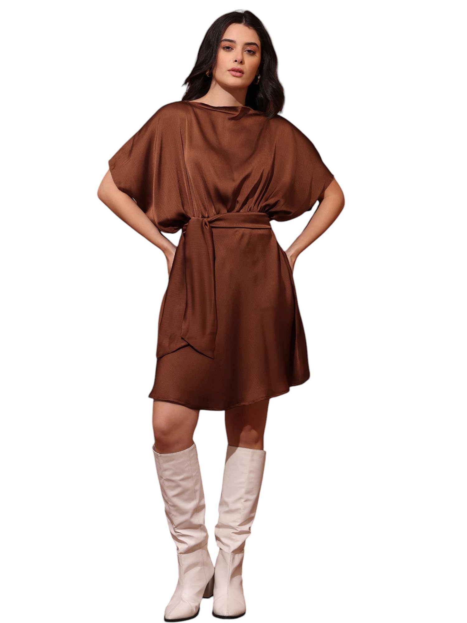 Purvaja Womens Cowl Neck Silk Blend Mini Dress (Floe-126-Xxl_Brown)