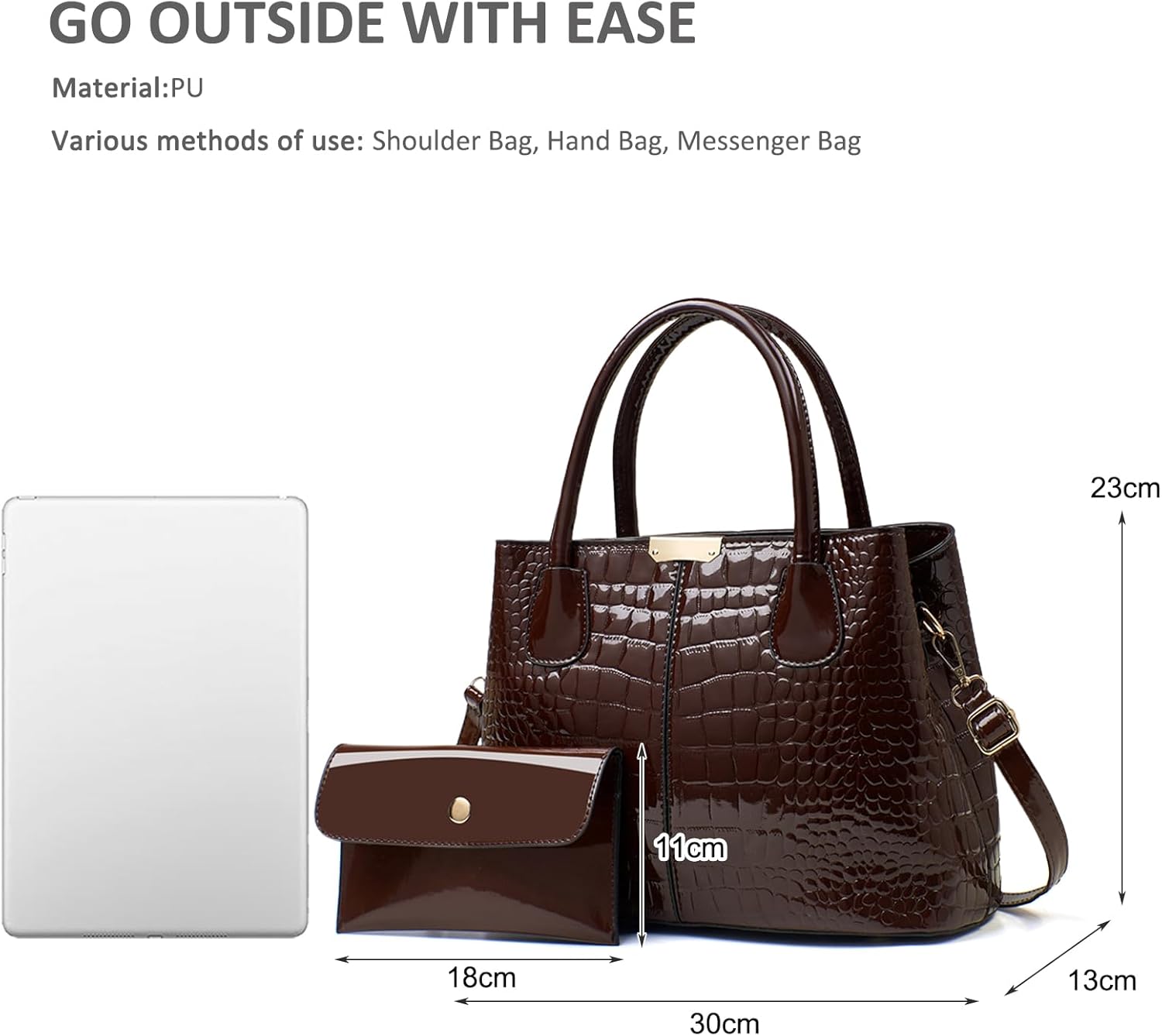 NICOLE & DORIS Women Handbags 2 Pcs Top Handle Bag Crocodile Handbag and Purse Set Patent Leather Shoulder Bag