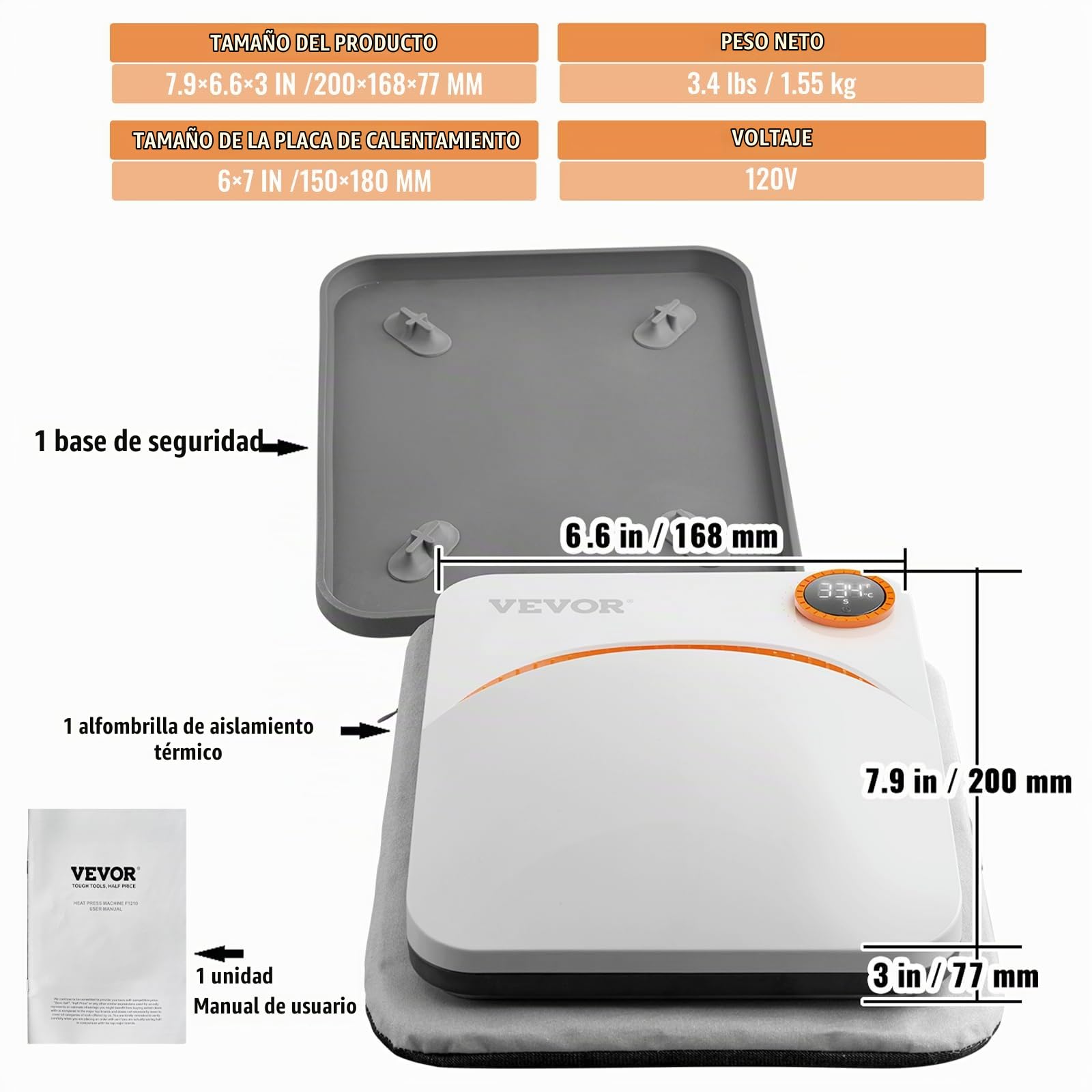 VEVOR Prensa de Calor, 15 x 18 cm, Máquina de Prensado en Caliente por Transferencia por Sublimación Multifuncional Prensa Fácil de Planchar para Camisetas, Bolsos, Almohadas