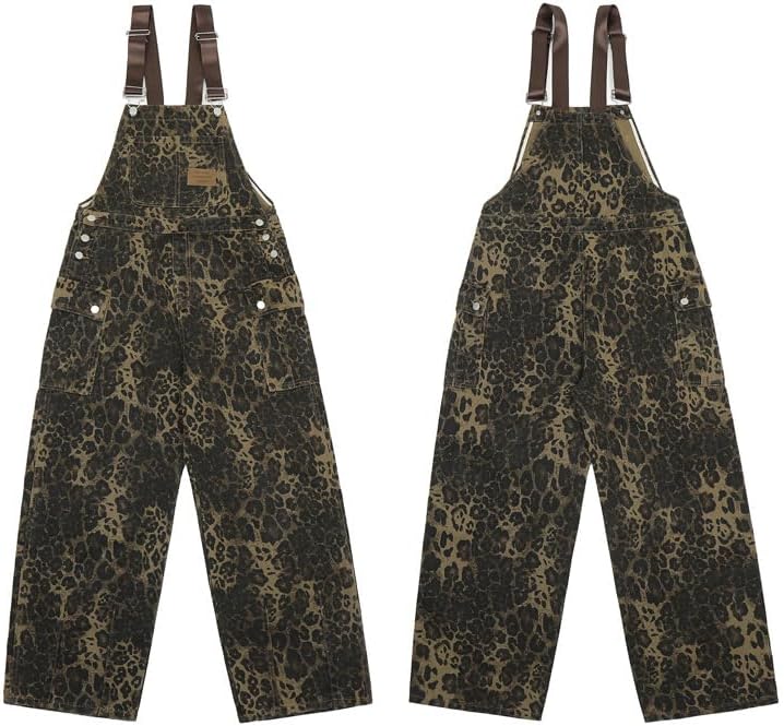 COOLMONAR Women's Y2K Leopard Print Jeans Overall Chic Streetwear Baggy Wide Leg Jumpsuit Retro Hip Hop Loose Trouser - Image 6