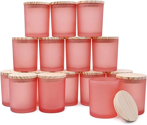 Tarros gruesos para hacer velas, 16 unidades, tarros vacíos de 7 onzas con tapas de madera para hacer velas, contenedor de muestra, rosa esmerilado