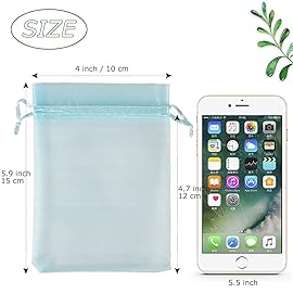 HRX Package 100pcs Organza Favor Bags 4 x 6 inch, Light Blue Mesh Bags Drawstring Sheer Jewelry Pouches for Small Gift Baby Shower Party Candy
