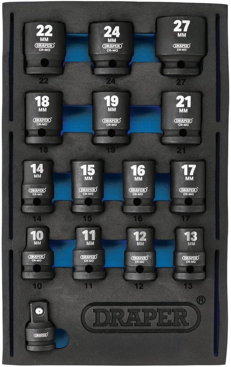 Draper 63415 1/2" Square Drive Impact Socket 15 Piece Set in 1/4 Eva Insert Tray, Blue