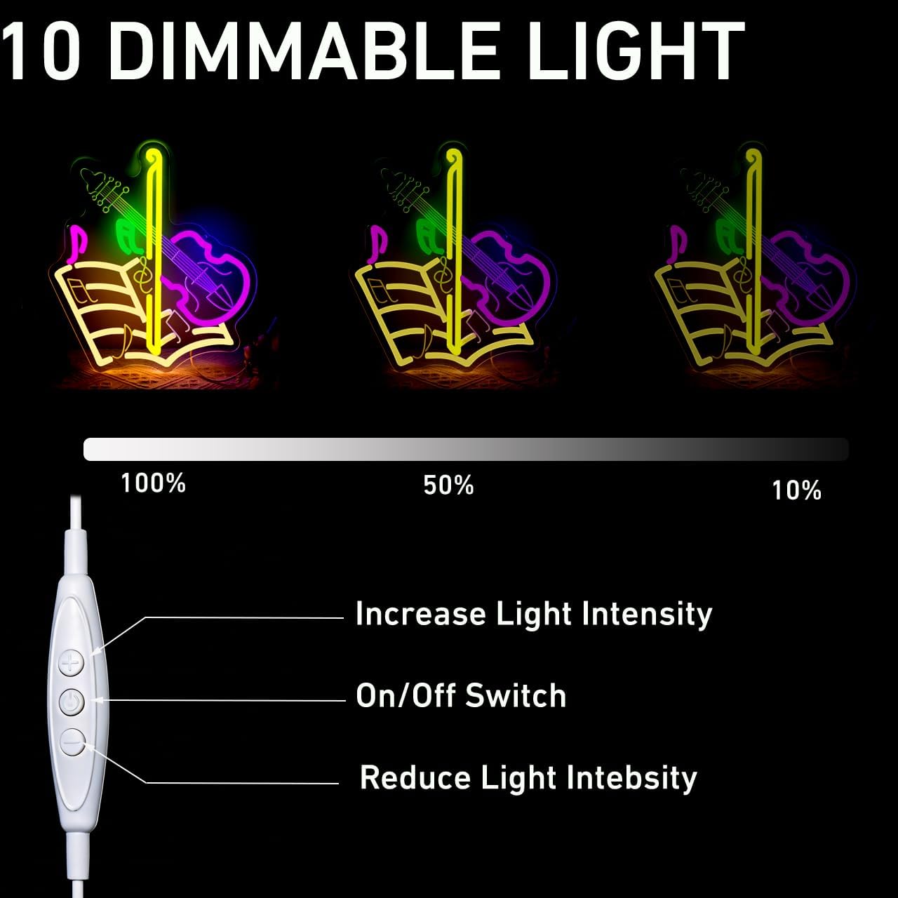 Music Guitar Neon Sign for Wall Decor, Dimmable Guitar Note LED Light Sign for Bedroom Party Bar Studio Party Game Room Decor, USB-Powered Wall Art for Music Lovers