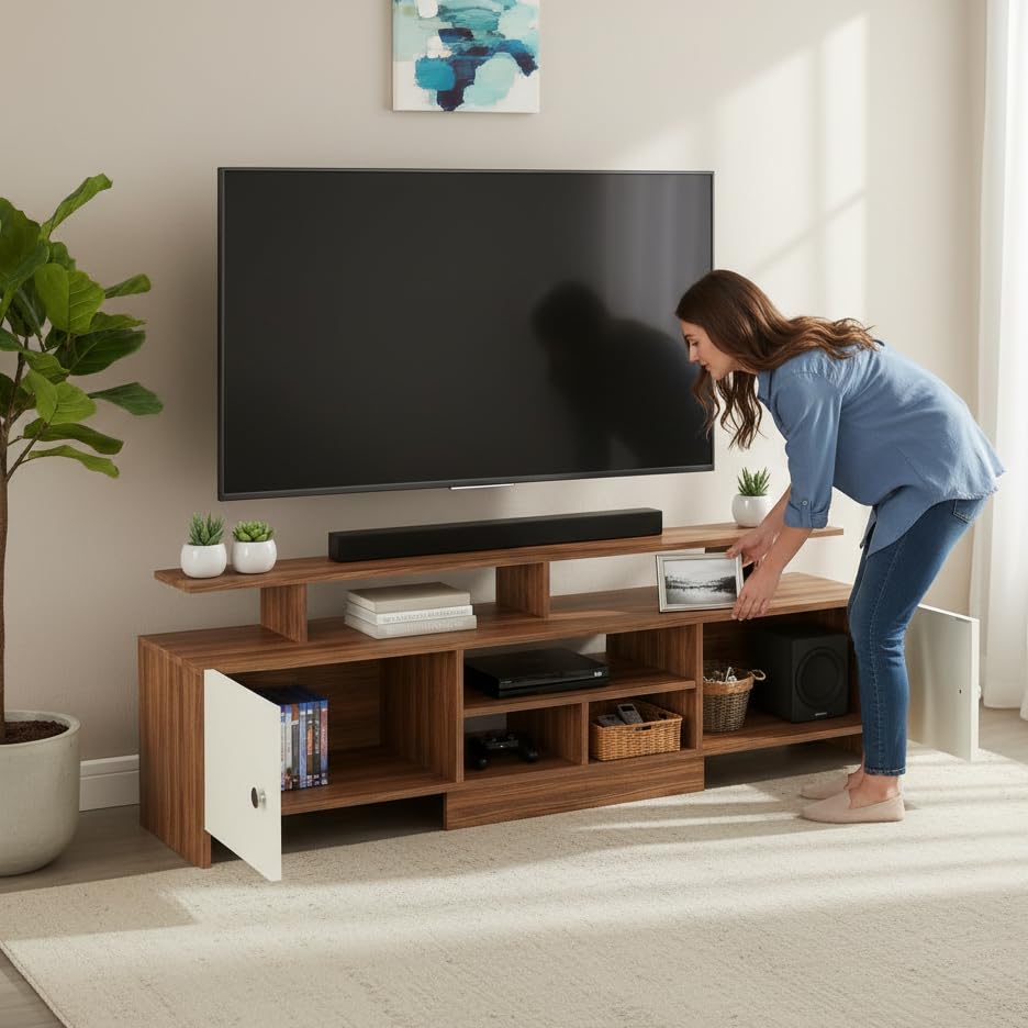 Image of FURNEASER KSV Modern TV Unit for Living Room | Engineered Wood TV Cabinet with Storage Shelves | Entertainment Center TV Stand for Home (Fits Up to 65 Inch TV) | DIY Space Saving (Exotic Teak & White)