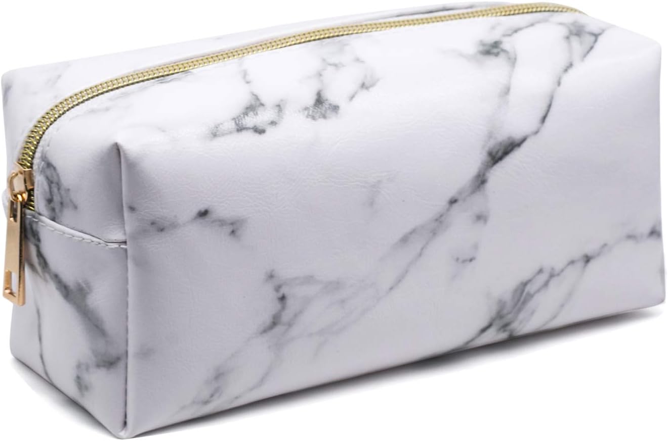 Marble Makeup Bag Organizer Portable Cosmetic Pouch Travel Brush Holder PU Handbag with Gold Zipper Pencil Storage Case for Women Purse,White (7.5"x3.5"x2.8")