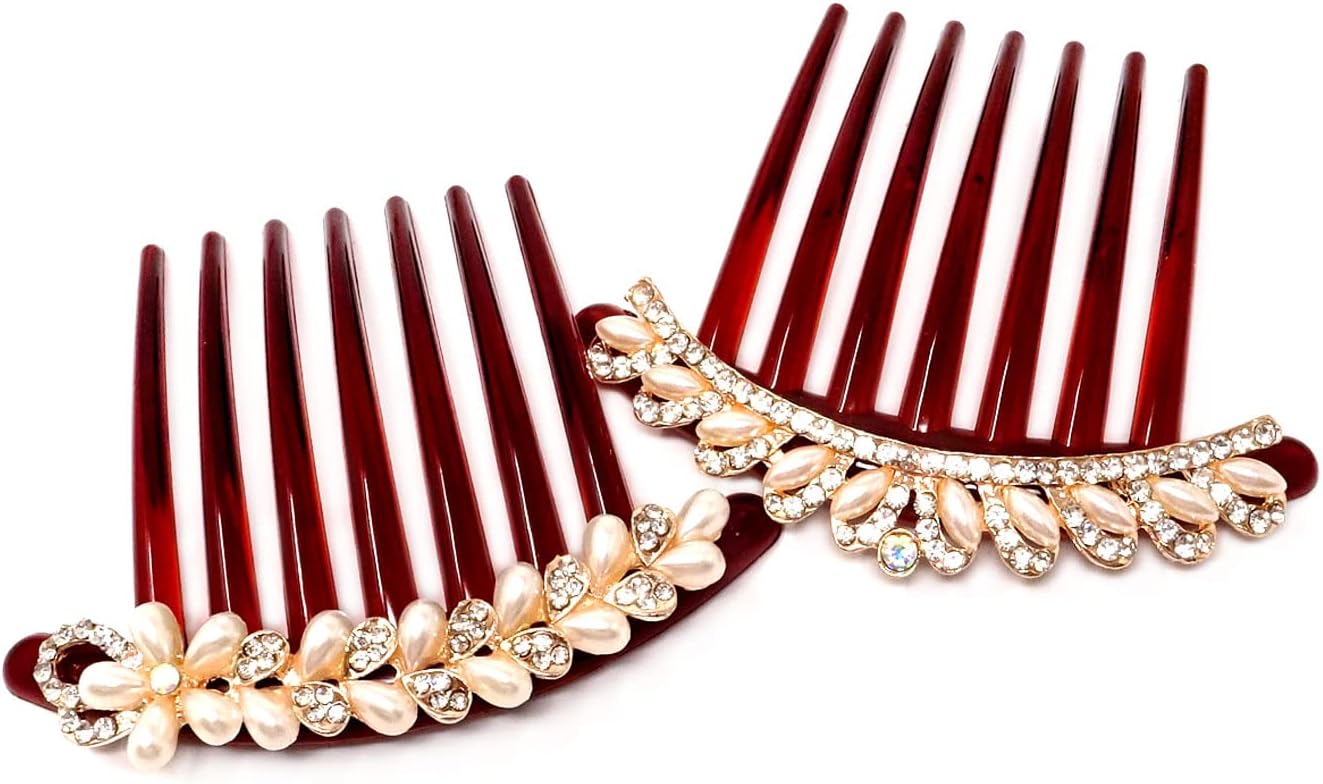 Honbay 2PCS 7 Teeth Hair Side Combs Pearl Crystal Rhinestone Floral Twist Combs Rhinestone Flower Hairpin Decorative Hair Combs Accessories for Women (2 Style)