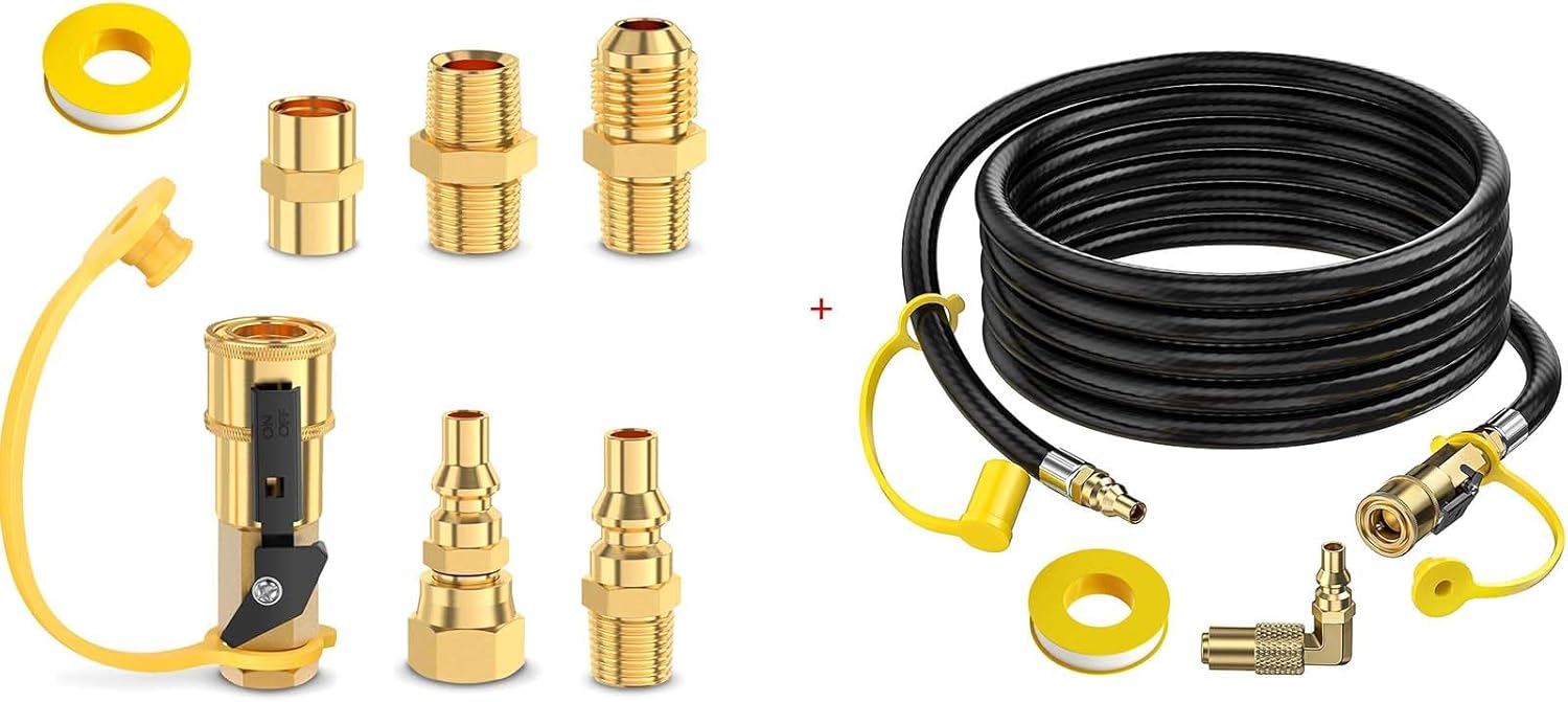 7pcs 1/4 Inch Propane Quick Connect Fittings Kit & 12 FT RV Propane Quick Connect Hose, with 1/4" Safety Shutoff Valve and 1/4" Male Full Flow Plug