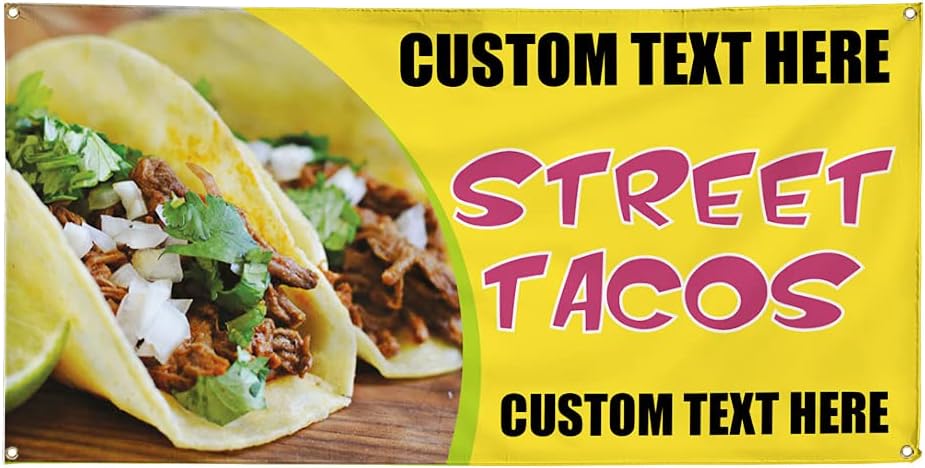 Vinyl Banner Multiple Sizes Street Tacos Outdoor Advertising Printing B Food & Beverage Outdoor Weatherproof Industrial Yard Signs Yellow 4 Grommets 16x40Inches